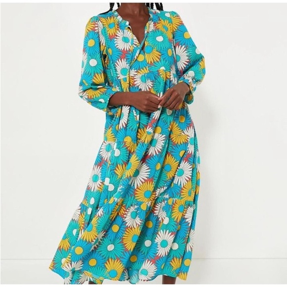 Tuckernuck Retro Daisy Caftan Dress S NWT Cotton Long Sleeve Tiered Boho Chic - Picture 2 of 4